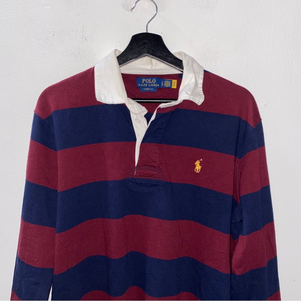 Polo Ralph Lauren Rugby Shirt Long Sleeve Burgundy Navy Blue Stripe Size Large - Picture 2 of 8